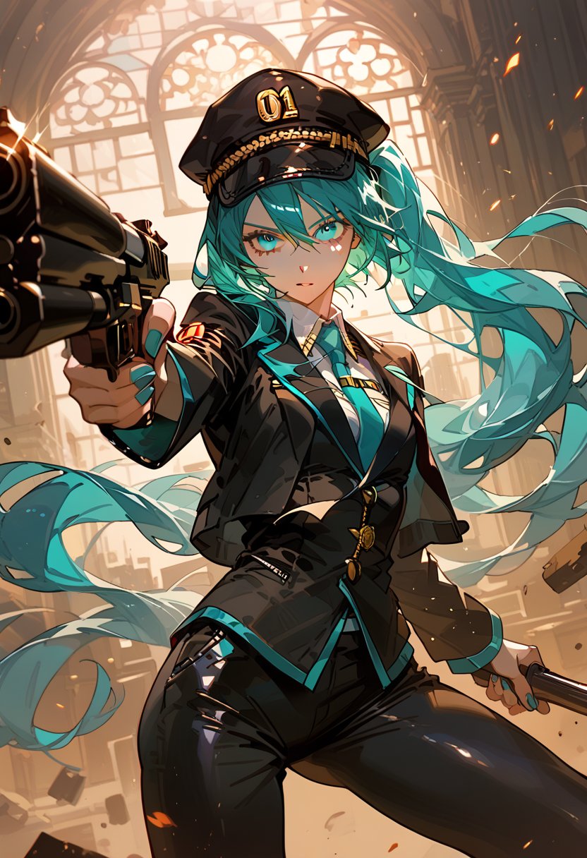 score_9, score_8_up, score_7_up, source_anime, hatsune_miku_(append), vocaloid, 1girl, aqua_hair, aqua_eyes, A female mafia in a gunfight, Black blazer, Black dress pants,  newsboy cap,aiming her gun directly at the viewer, moonlight casting dim shadows through a ruined building, tense atmosphere, dramatic lighting, high contrast, gritty scene