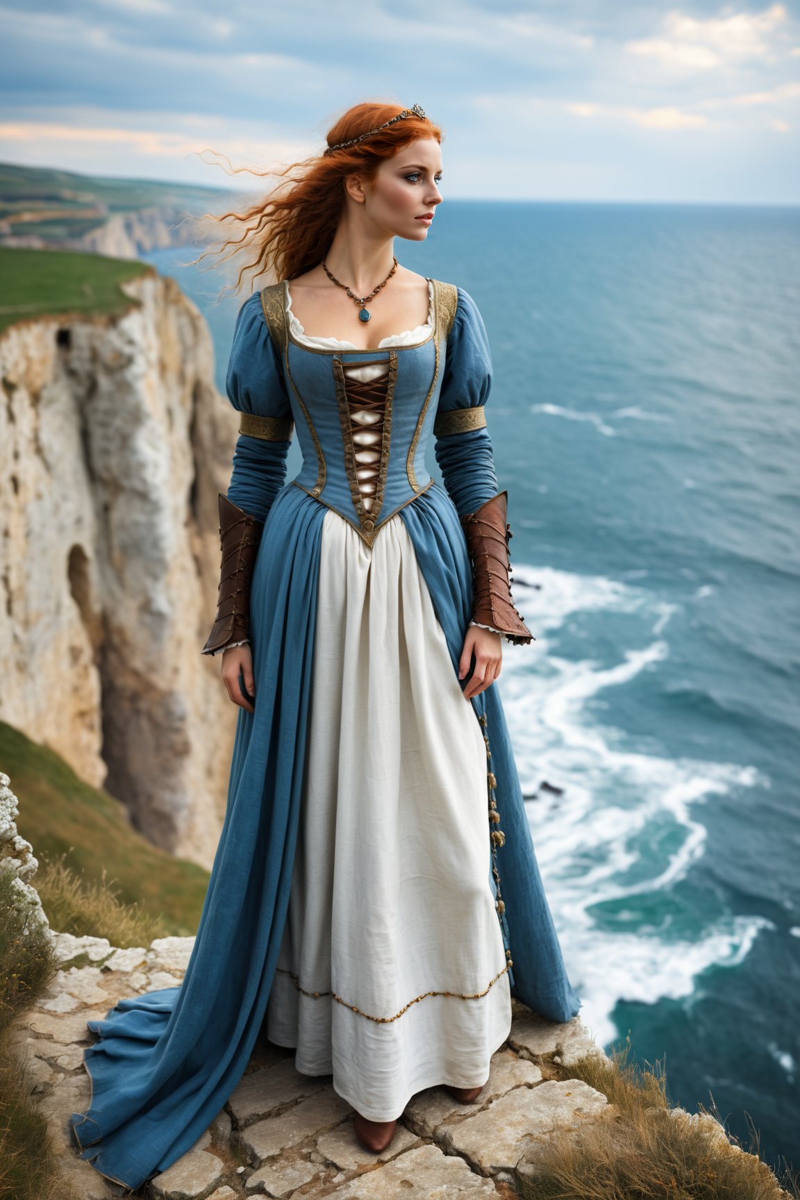 young medieval woman in medieval clothing standing on the edge of a cliff overlooking the rough sea. Realistic, dramatic, ancient jewelry, 