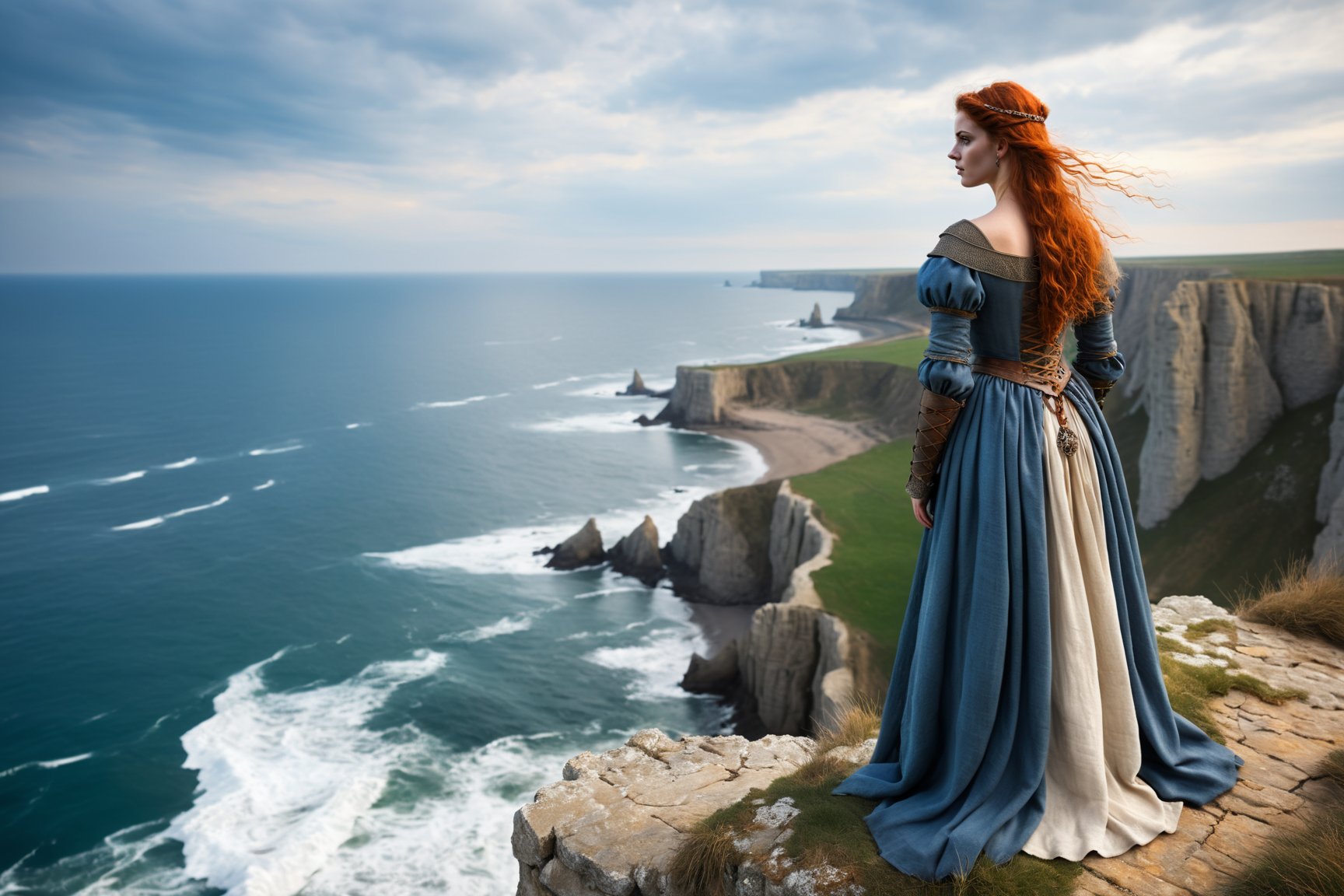 young medieval woman in medieval clothing standing on the edge of a cliff overlooking the rough sea. Realistic, dramatic, ancient jewelry, 