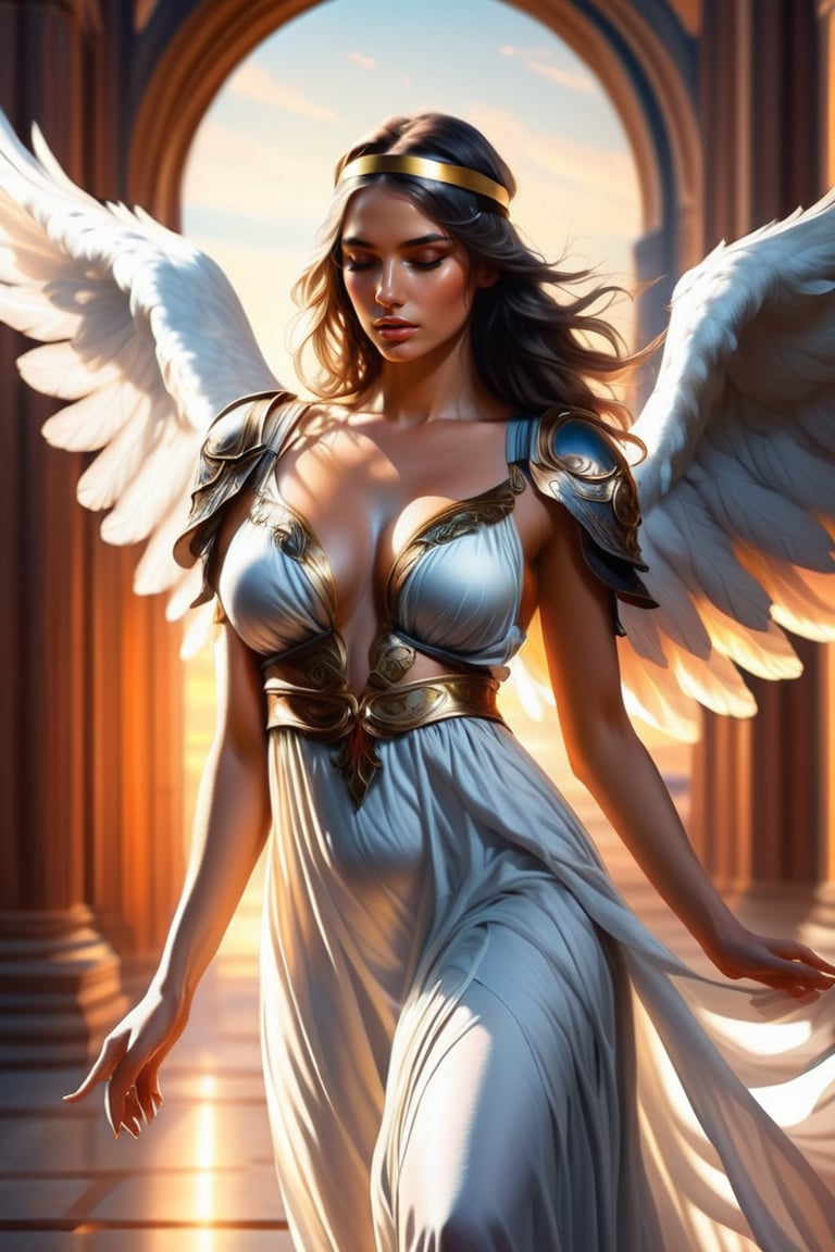 ((Generate hyper realistic captivating scene featuring a beautiful female angel with a blindfold praying)) rich intrincate detailed, long dark hair, 16k resolution, masterpiece, highly complex setting, dynamic lighting, breathtaking, ,DonMM1y4XL