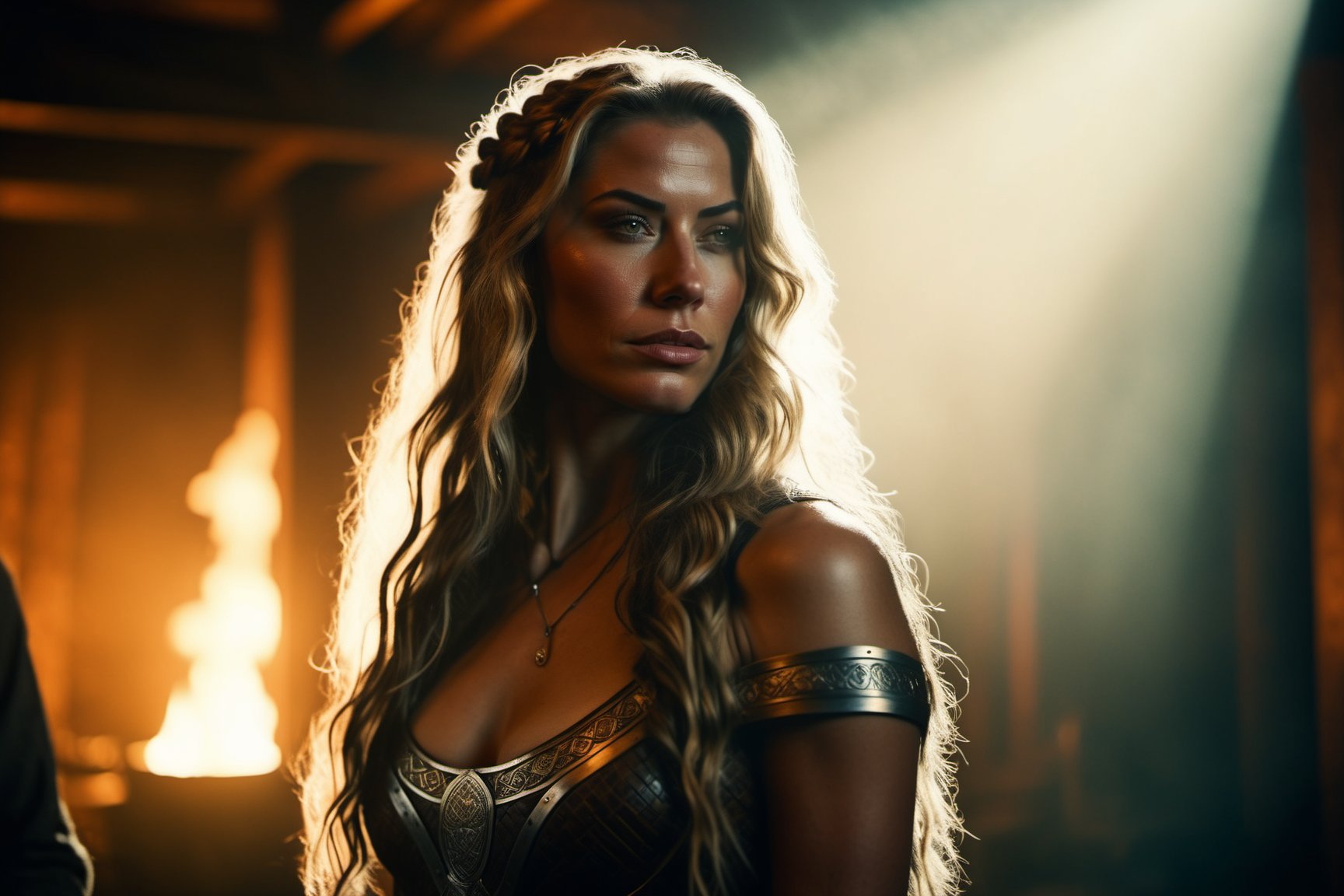 35mm film movie still, ultra photorealistic, photorealism, shot of a beautiful and sexy viking queen, cinestill, taken with hasselblad H6D 100c, the HCD 24mm lens, hazy mood, cinematic dramatic lighting, (viking hall background), sharp focus, (perfect real extremely details), amazing fine detail, absurdres, hyper realistic lifelike texture, dramatic lighting, long dark hair, full_figure, 