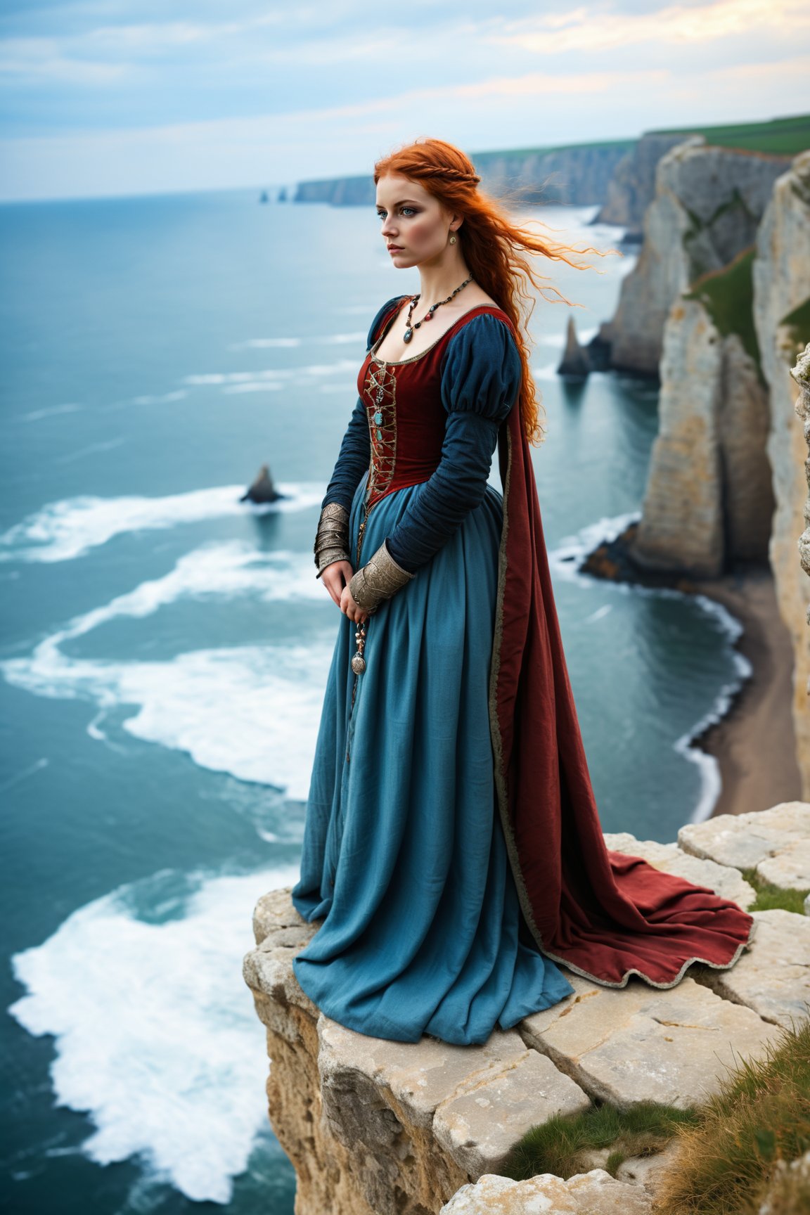 young medieval woman in medieval clothing standing on the edge of a cliff overlooking the rough sea. Realistic, dramatic, ancient jewelry, 