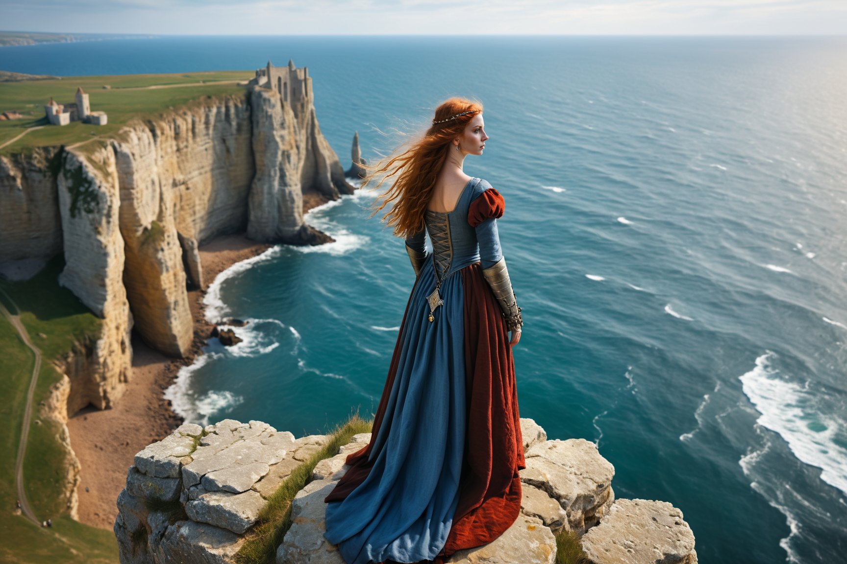 young medieval woman in medieval clothing standing on the edge of a cliff overlooking the rough sea. Realistic, dramatic, ancient jewelry, 