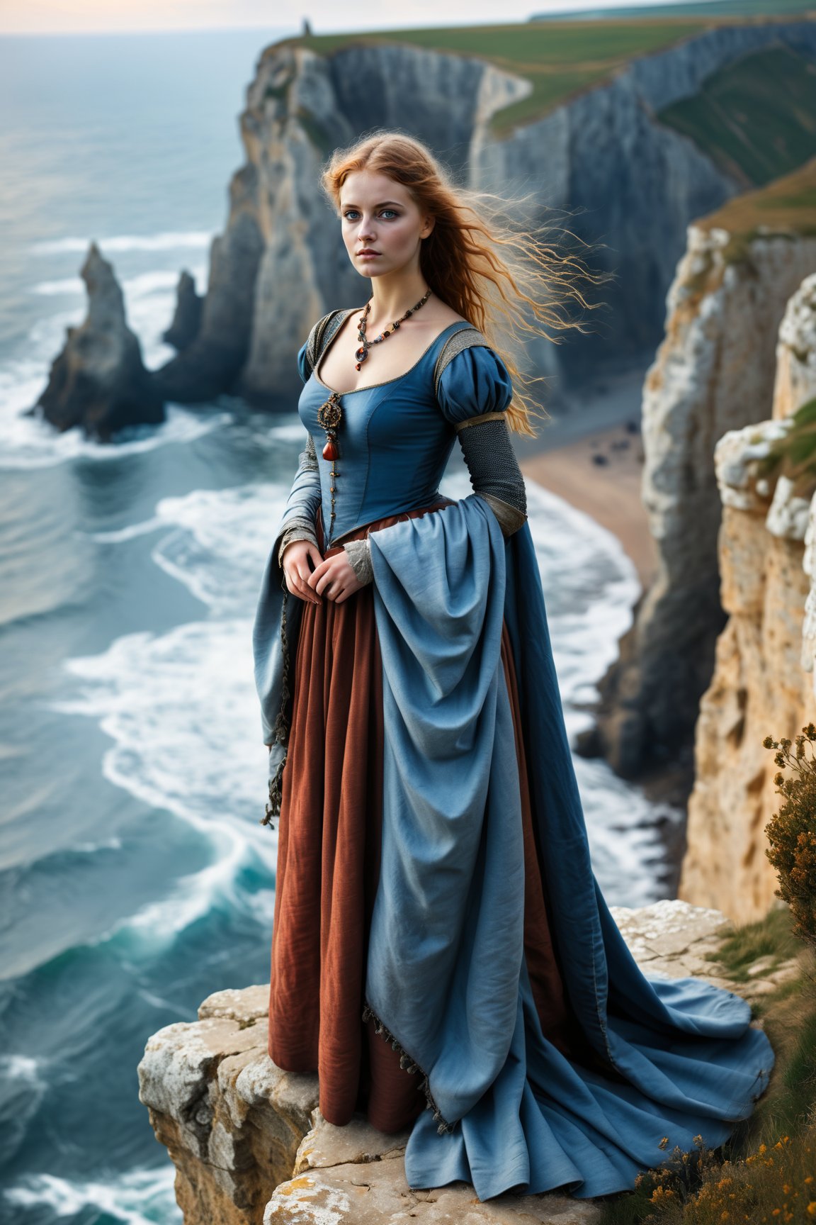 young medieval woman in medieval clothing standing on the edge of a cliff overlooking the rough sea. Realistic, dramatic, ancient jewelry, 