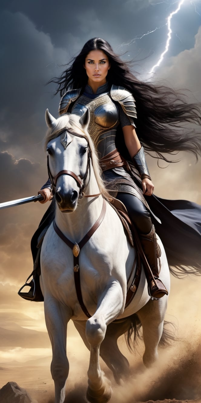 beautiful valkyrie, delicate features, long black hair, full figure, realism, detailed, ancient battlefield background, riding a realistic dark horse, lightening in the sky,