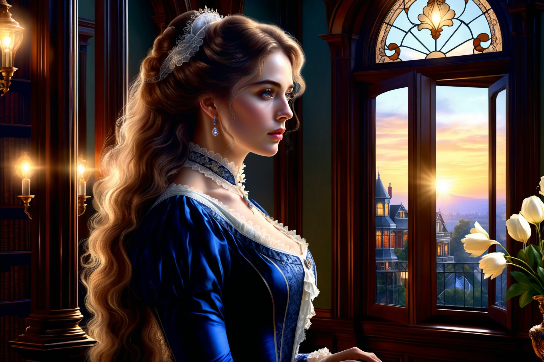 ((Generate realistic captivating scene featuring a beautiful victorian lady)), detailed, long hair, 16k resolution, masterpiece, complex setting, dynamic lighting, breathtaking, inside a victorian age house.