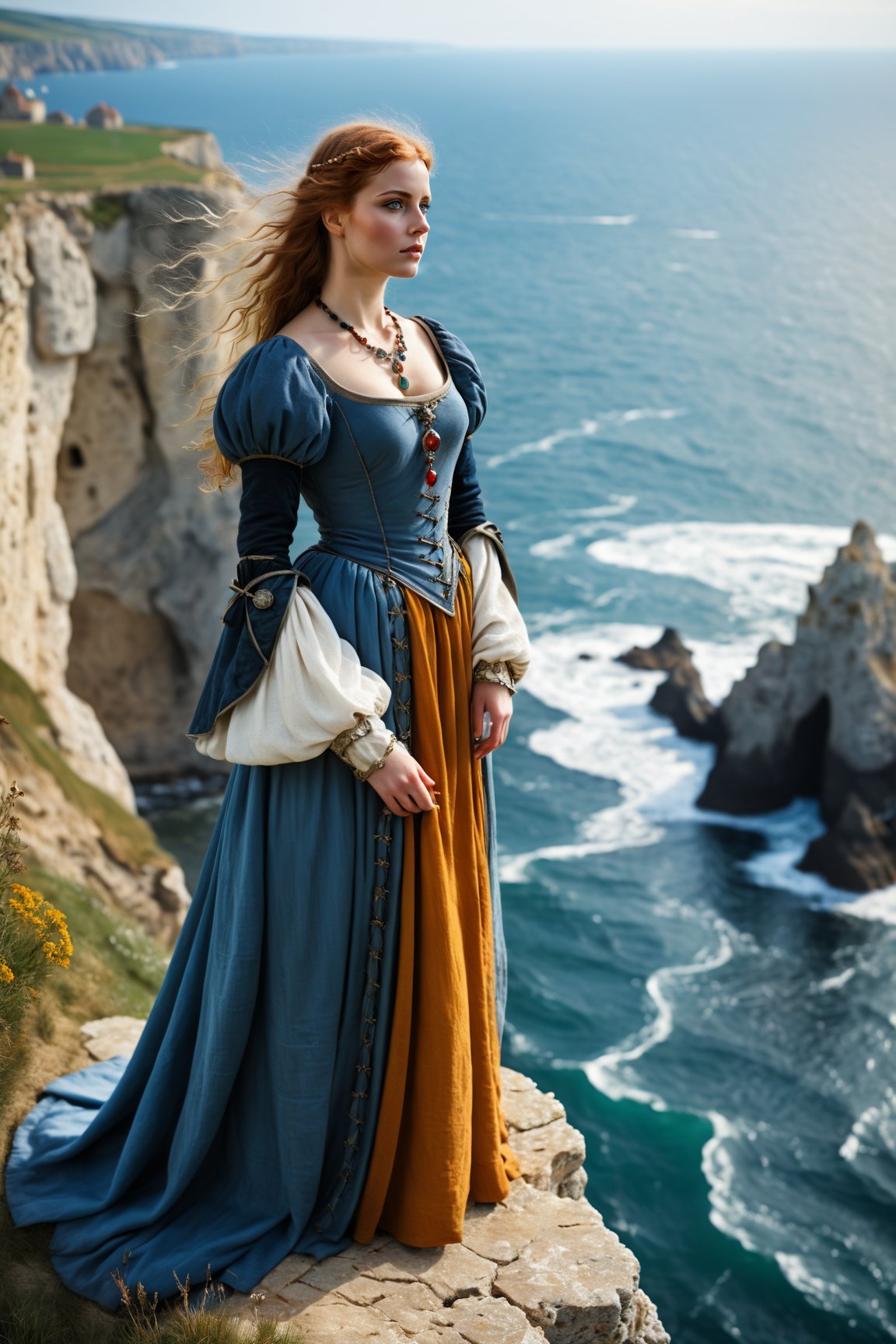 young medieval woman in medieval clothing standing on the edge of a cliff overlooking the rough sea. Realistic, dramatic, ancient jewelry, 