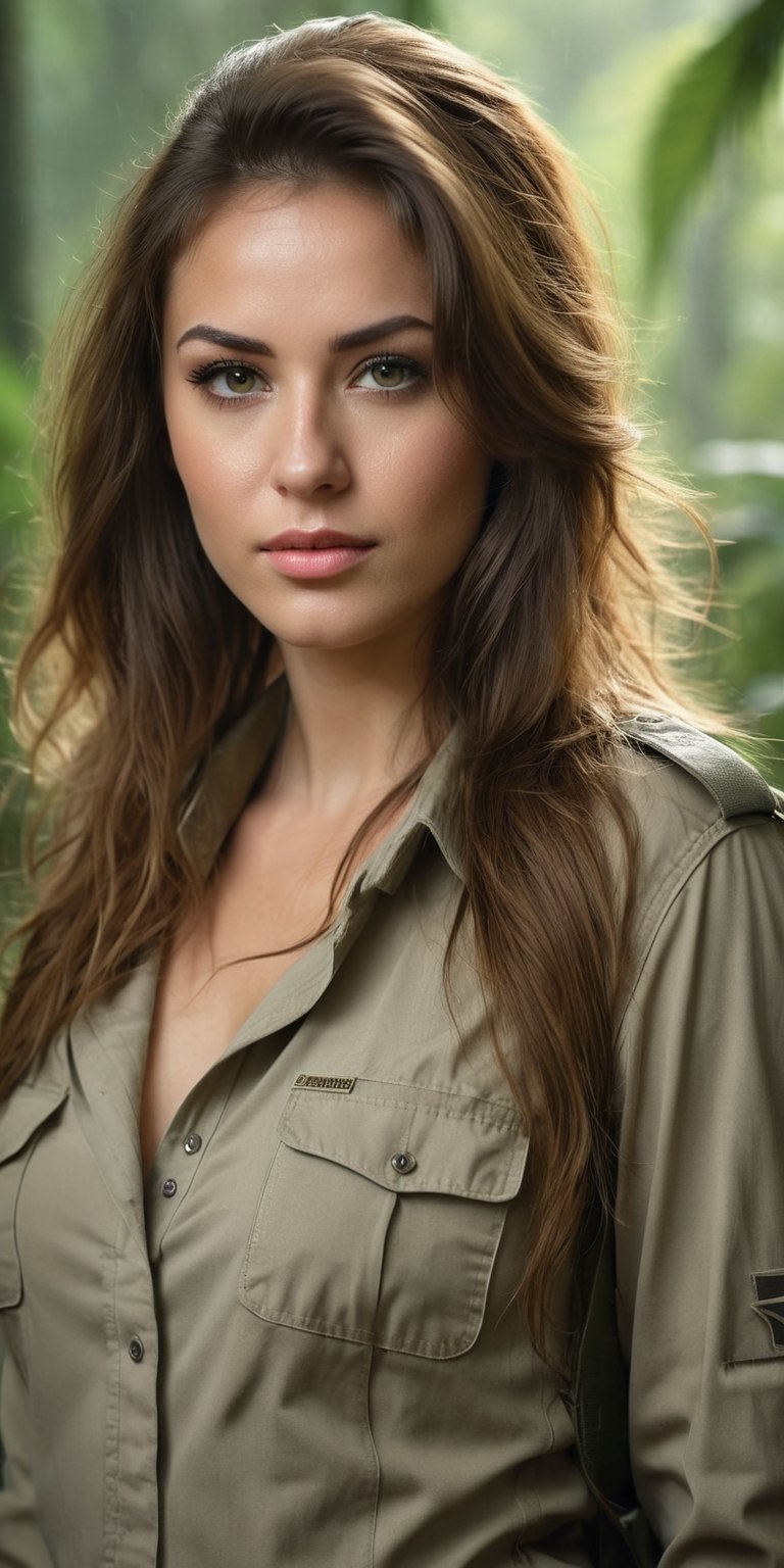 ultra photorealistic, photorealism, shot of a sexy beautiful woman, long hair, (beautiful eyes) , hazy mood, cinematic dramatic lighting, (jungle background), sharp focus, (perfect real extremely details), amazing fine detail, hyper realistic lifelike texture, dramatic lighting, raining, full_figure, safari clothing, army boots, 