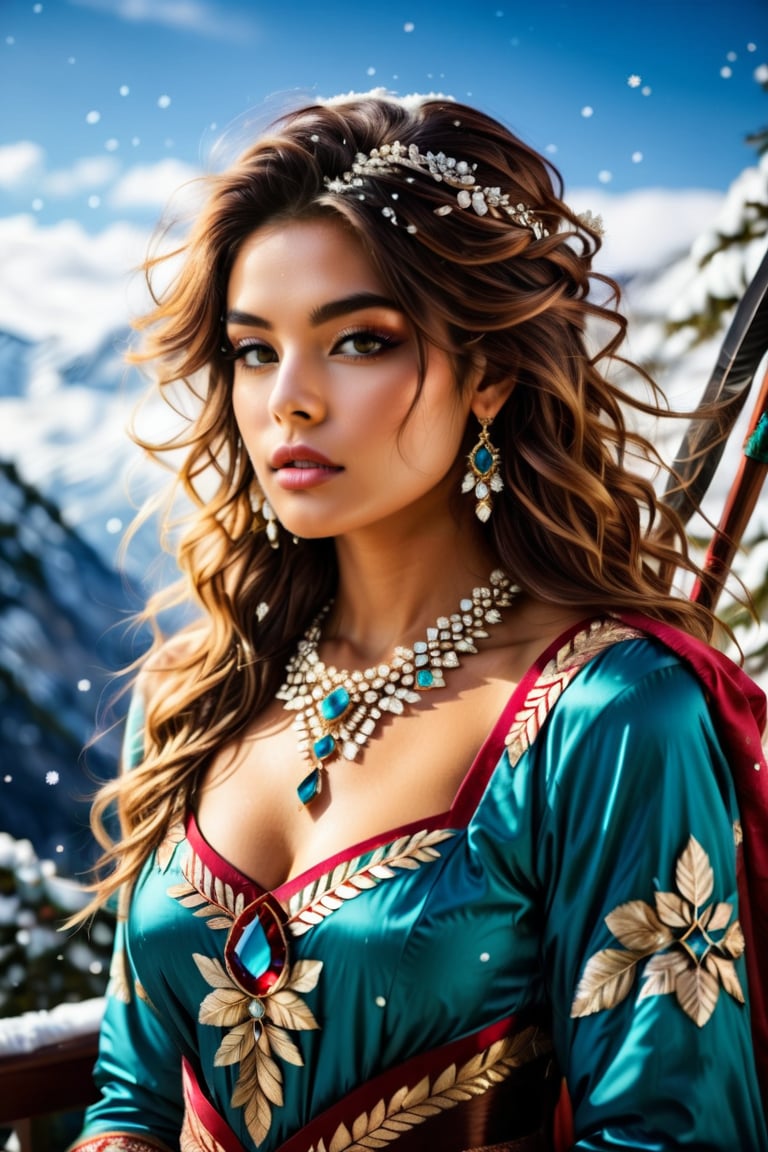 ((Generate hyper realistic captivating scene featuring a beautiful ice queen in ancient winter clothing)) rich intrincate detailed, long dark hair, 16k resolution, masterpiece, highly complex setting, dynamic lighting, breathtaking, cleavage, snowy mountains background