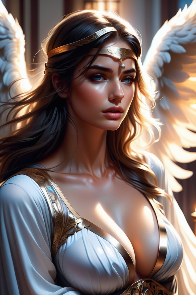 ((Generate hyper realistic captivating scene featuring a beautiful female angel with a blindfold praying)) rich intrincate detailed, long dark hair, 16k resolution, masterpiece, highly complex setting, dynamic lighting, breathtaking, ,DonMM1y4XL