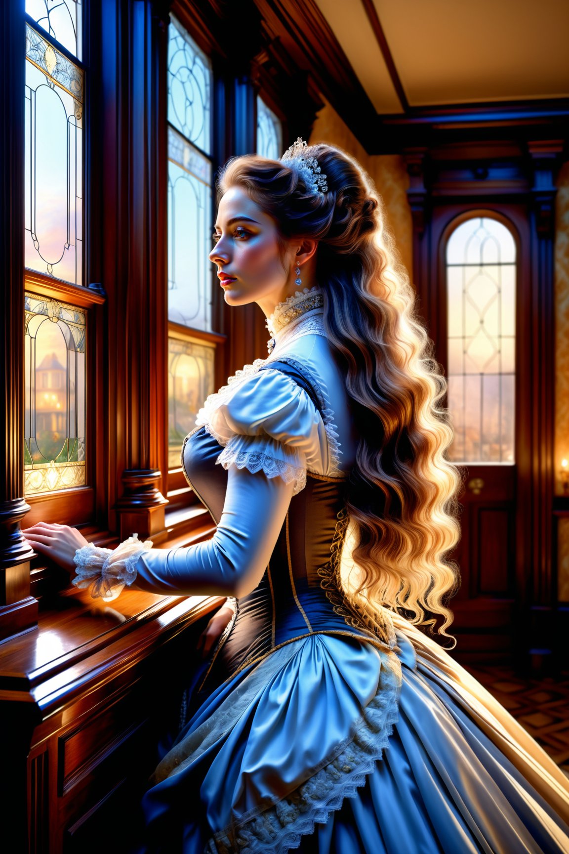 ((Generate hyper realistic captivating scene featuring a beautiful victorian lady)) rich intrincate detailed, long hair, 16k resolution, masterpiece, highly complex setting, dynamic lighting, breathtaking, inside a victorian age house.