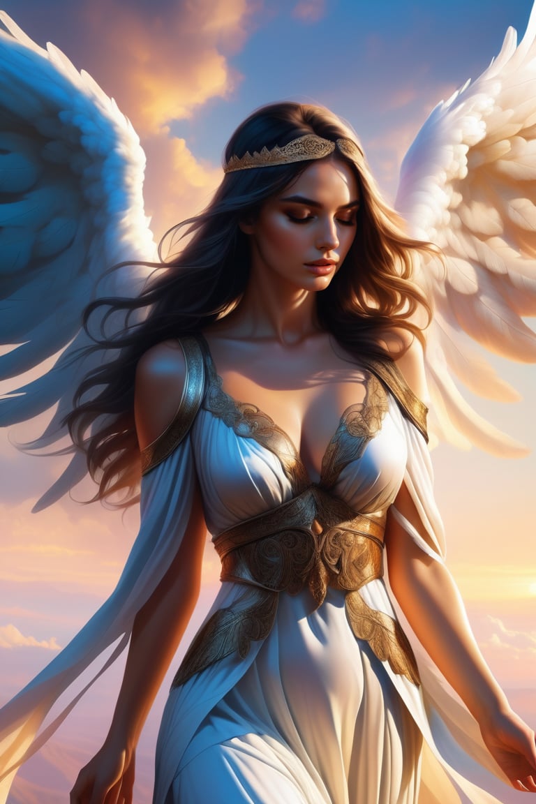 ((Generate hyper realistic captivating scene featuring a beautiful female angel with a blindfold praying)) rich intrincate detailed, long dark hair, 16k resolution, masterpiece, highly complex setting, dynamic lighting, breathtaking, ,DonMM1y4XL