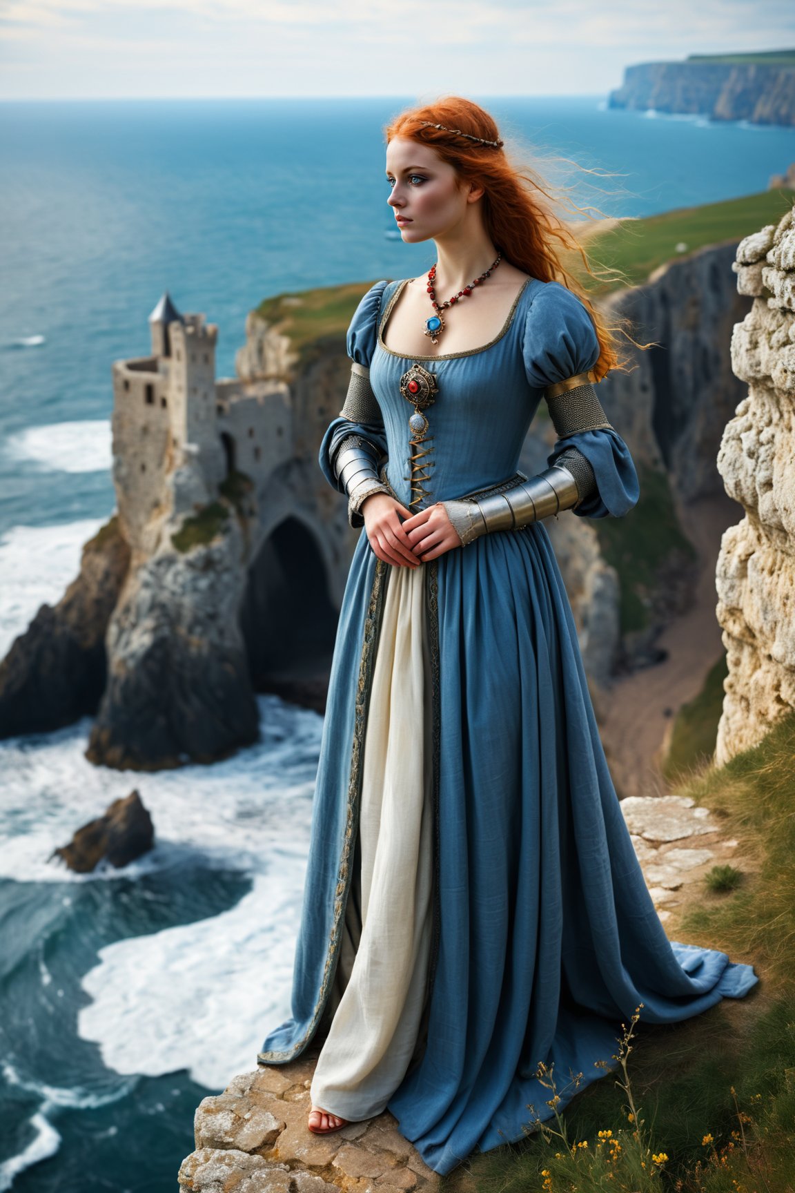 young medieval woman in medieval clothing standing on the edge of a cliff overlooking the rough sea. Realistic, dramatic, ancient jewelry, 