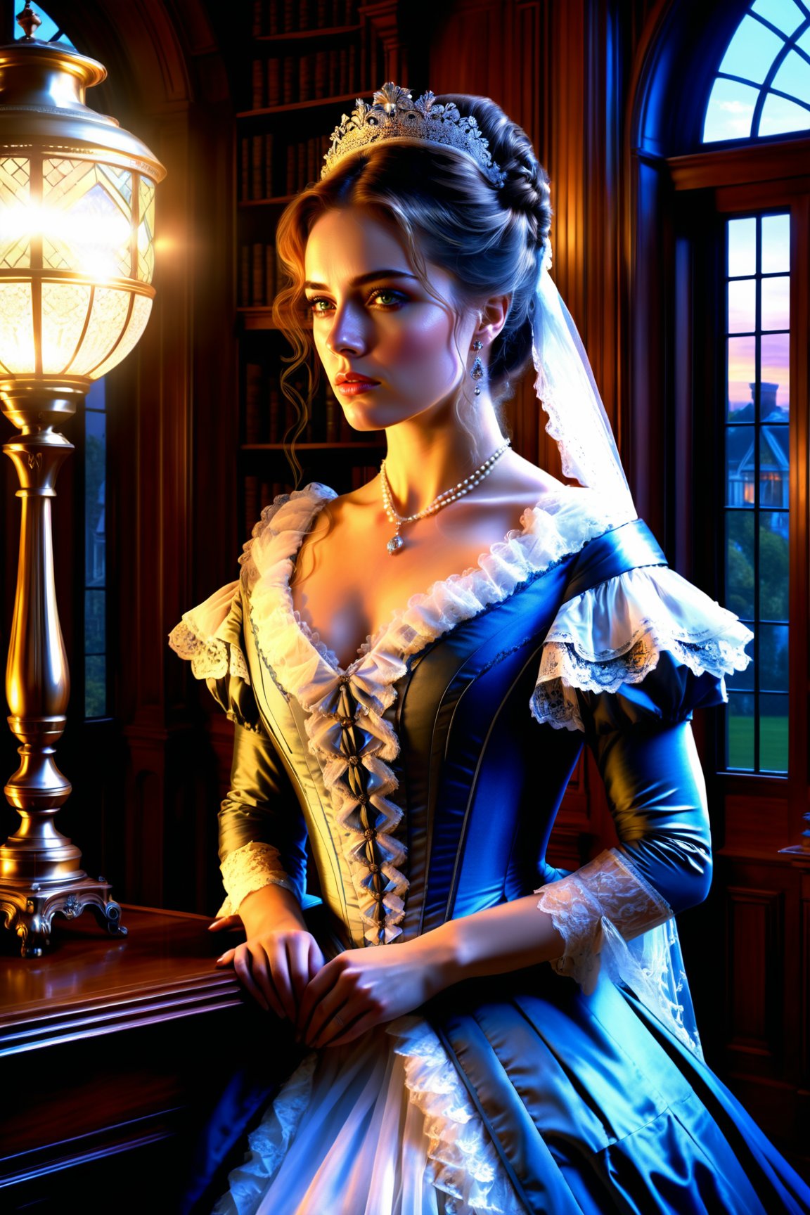 ((Generate realistic captivating scene featuring a beautiful victorian lady)), detailed, long hair, 16k resolution, masterpiece, complex setting, dynamic lighting, breathtaking, inside a victorian age house.