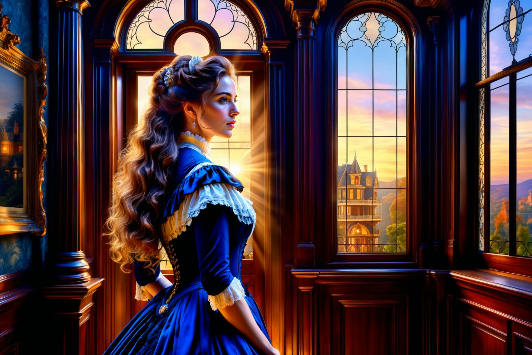 ((Generate realistic captivating scene featuring a beautiful victorian lady)), detailed, long hair, 16k resolution, masterpiece, complex setting, dynamic lighting, breathtaking, inside a victorian age house.