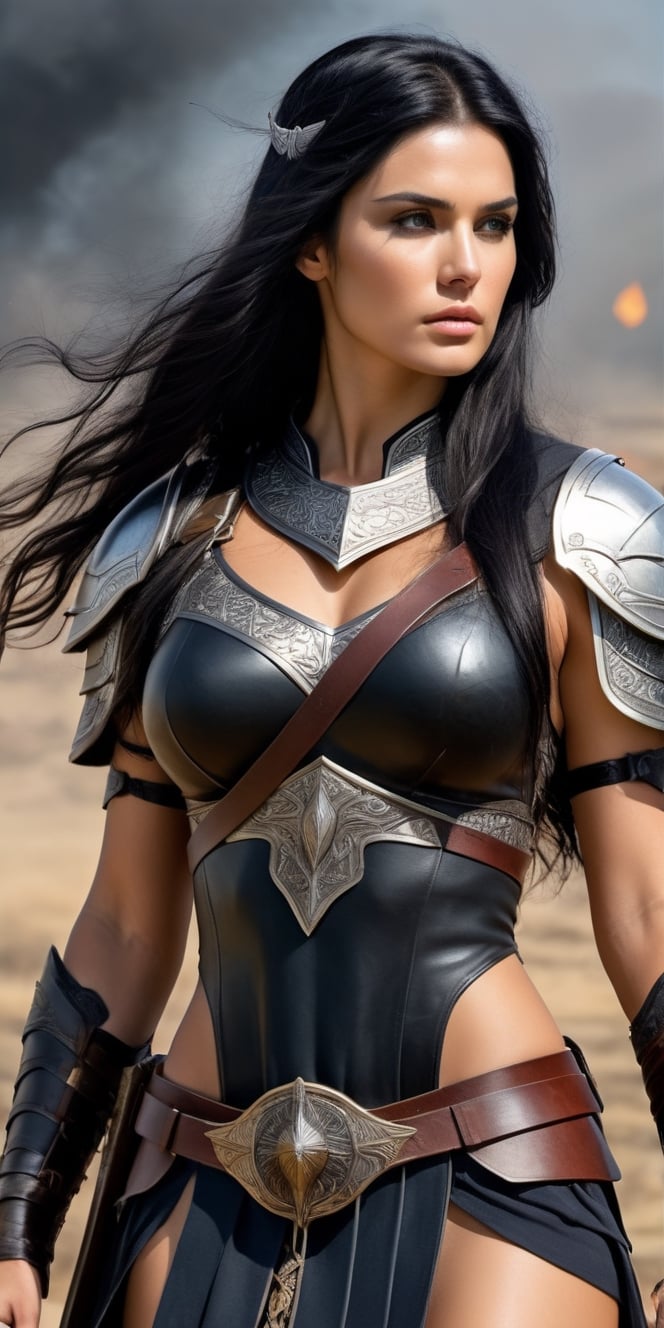 beautiful valkyrie, delicate features, long black hair, full figure, realism, detailed, ancient battlefield background, 