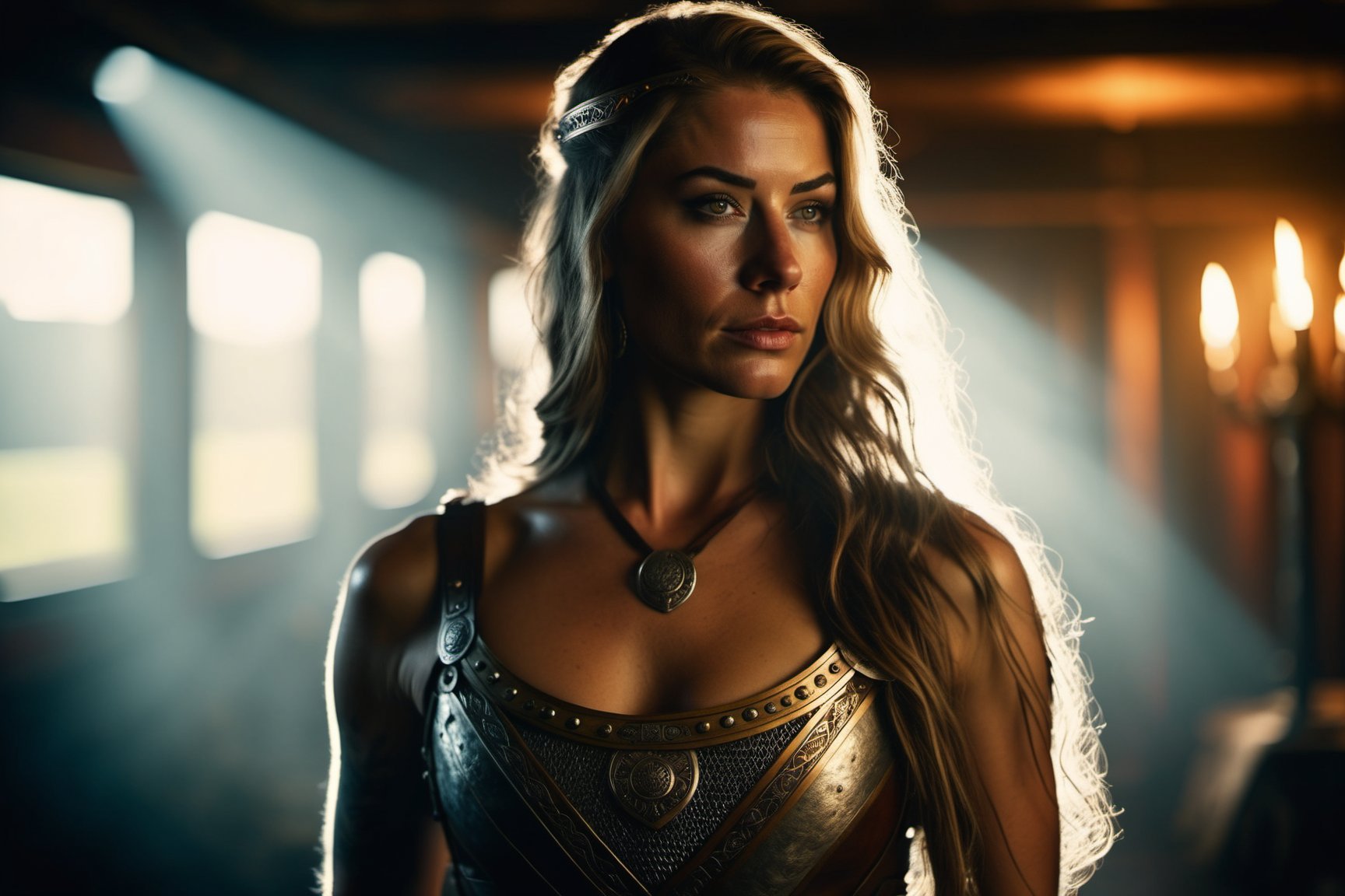 35mm film movie still, ultra photorealistic, photorealism, shot of a beautiful and sexy viking queen, cinestill, taken with hasselblad H6D 100c, the HCD 24mm lens, hazy mood, cinematic dramatic lighting, (viking hall background), sharp focus, (perfect real extremely details), amazing fine detail, absurdres, hyper realistic lifelike texture, dramatic lighting, long dark hair, full_figure, 