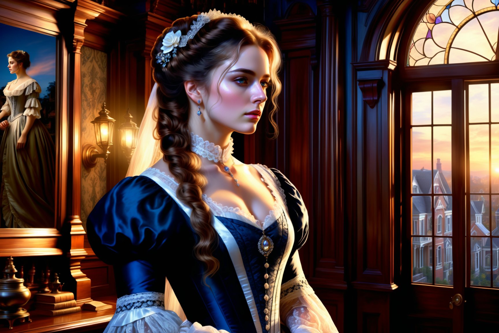 ((Generate realistic captivating scene featuring a beautiful victorian lady)), detailed, long hair, 16k resolution, masterpiece, complex setting, dynamic lighting, breathtaking, inside a victorian age house.