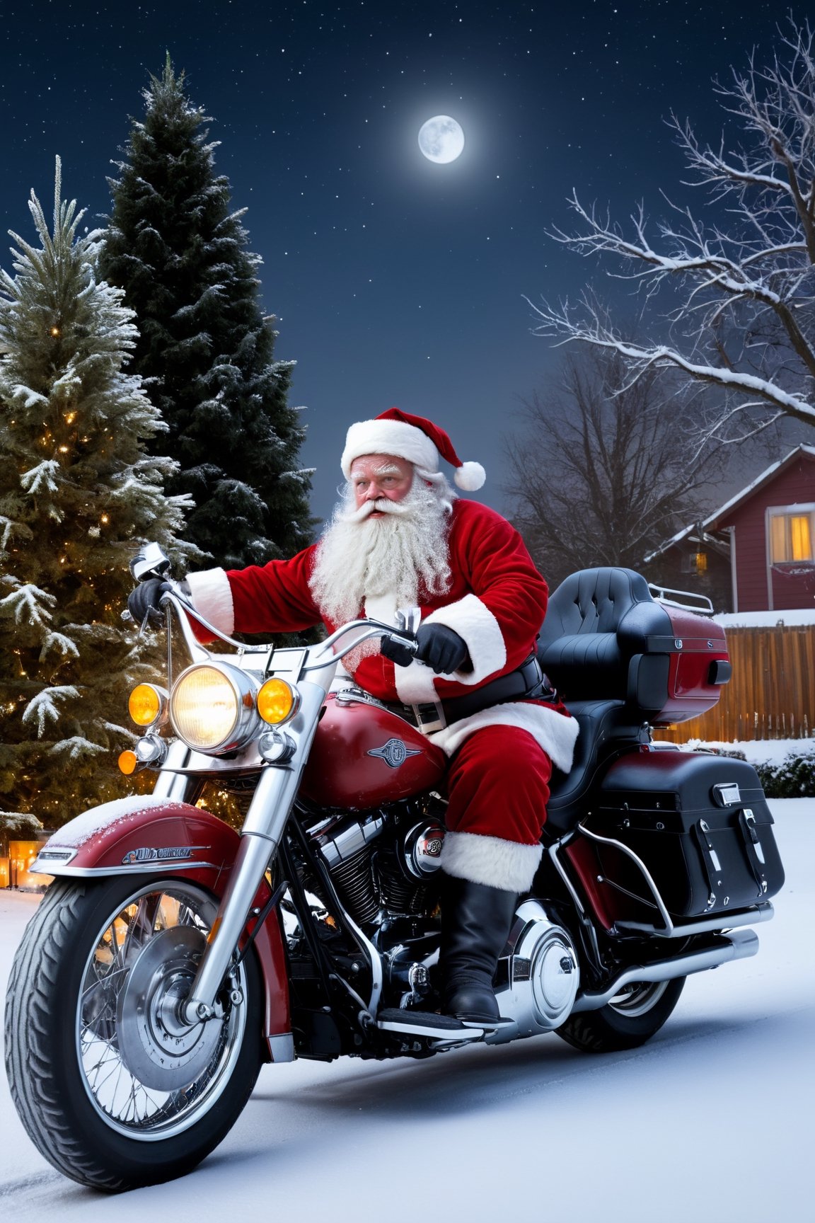 Cinematic Still (Raw Photo: 1.3) (Ultrarealistic: 1.3) santa claus on a harley davidson, in garden, snow falling, stars, moonlight, snow covered trees, 