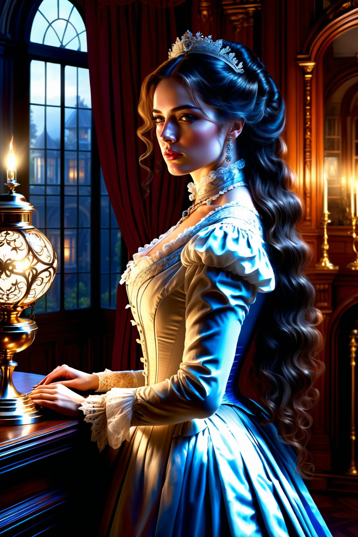 ((Generate hyper realistic captivating scene featuring a beautiful victorian lady)) rich intrincate detailed, long hair, 16k resolution, masterpiece, highly complex setting, dynamic lighting, breathtaking, inside a victorian age house.