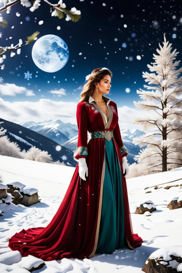 ((Generate hyper realistic captivating scene featuring a beautiful ice queen in ancient winter clothing)) rich intrincate detailed, long dark hair, 16k resolution, masterpiece, highly complex setting, dynamic lighting, breathtaking, cleavage, snowy mountains background