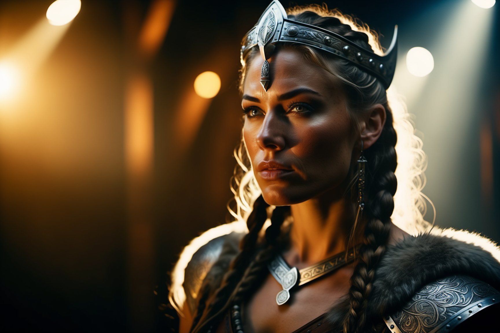 35mm film movie still, ultra photorealistic, photorealism, shot of a beautiful and sexy viking queen, cinestill, taken with hasselblad H6D 100c, the HCD 24mm lens, hazy mood, cinematic dramatic lighting, (viking hall background), sharp focus, (perfect real extremely details), amazing fine detail, absurdres, hyper realistic lifelike texture, dramatic lighting, long dark hair, full_figure, 