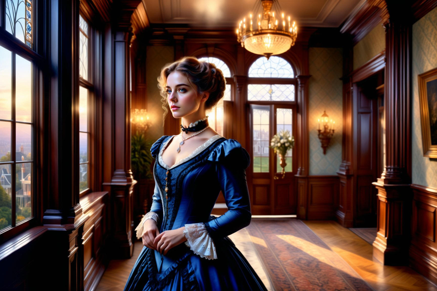 ((Generate realistic captivating scene featuring a beautiful victorian lady)), detailed, long hair, 16k resolution, masterpiece, complex setting, dynamic lighting, breathtaking, inside a victorian age house.