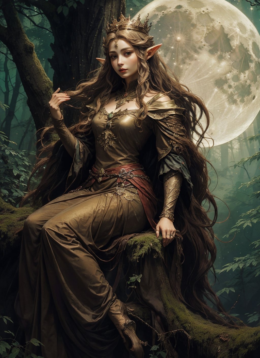 High quality, photo realistic, beautiful elf queen, long flowing hair, bronze hair, calm and confident expression, owl perched on mold, mysterious forest background, dazzling moon, and twinkling stars, enchanting atmosphere, delicate
