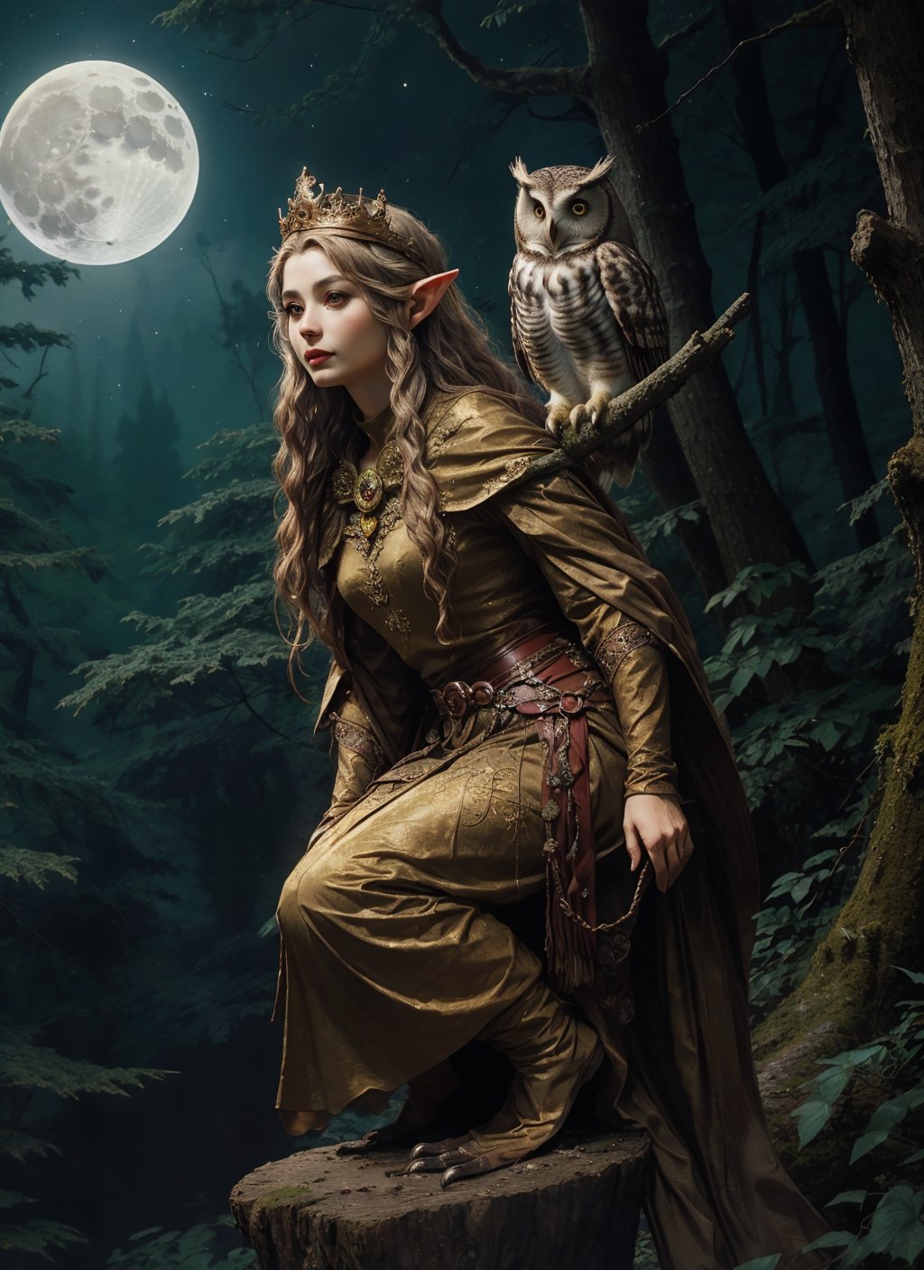 High quality, photo realistic, beautiful elf queen, long flowing hair, bronze hair, calm and confident expression,(owl perched on mold:1.1), mysterious forest background, dazzling moon, and twinkling stars, enchanting atmosphere, 

