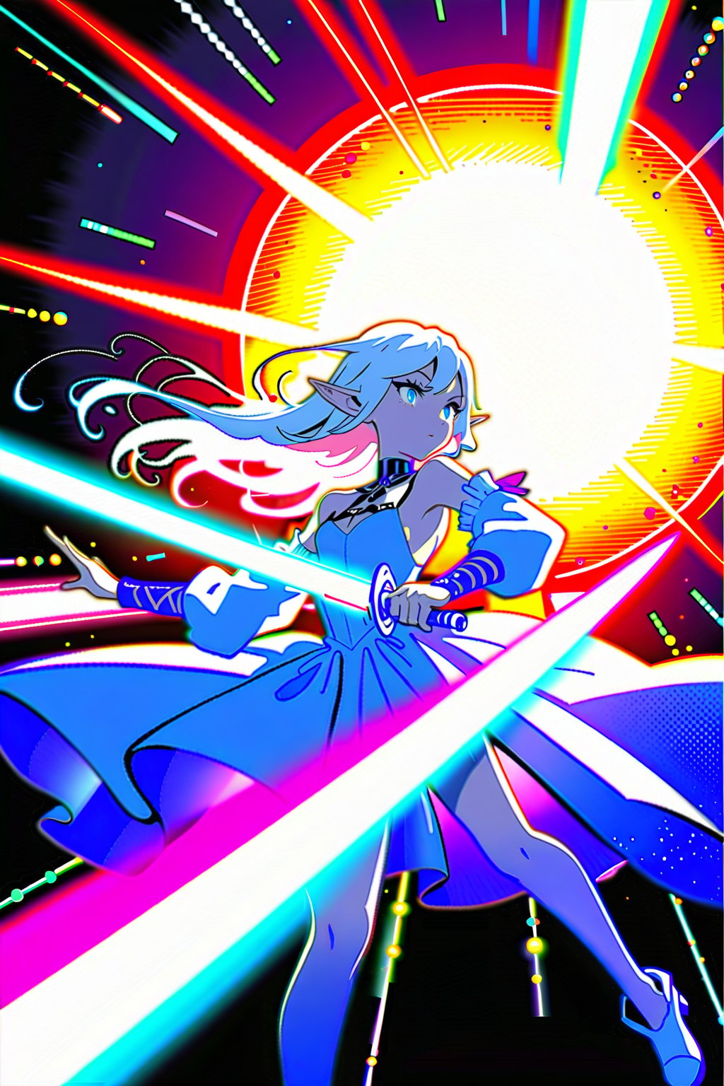 A silver-haired elf that appears to be made of light, with a dress made of luminous rainbow-colored light, set against a black background. The dress is dynamic and glowing with vibrant neon colors, creating a vector-style image with bright, radiant details. The elf is in a dynamic motion, engaging in a battle with beautiful large blue eyes that glow brilliantly. A rainbow-colored glowing aura surrounds and decorates the entire scene. The elf is holding an ultra-thick, heavy, and large longsword with a blade decorated in a cyberpunk style. The entire image is drawn using thick light, with the elf's face also glowing brightly.