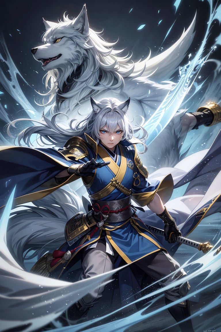 A highly detailed anime-style illustration blending two scenes together: a silver and gold wolf beast with blue eyes, holding a samurai sword in his hand with the tip pointing towards the viewer. The samurai sword is out of focus, emphasizing the detailed and beautiful face of the silver and gold wolf beasts. The wolves are howling and making a dynamic charge forward with intense motion, one of their fists thrust out further towards the viewer. The foreground and light are blurred using long exposure techniques, with motion blur and focal lines creating a dynamic effect. The light in the wolves' eyes is beautifully elongated due to long exposure. In the background, there is a blend of a gorgeous otherworldly castle and a beautiful Japanese castle.