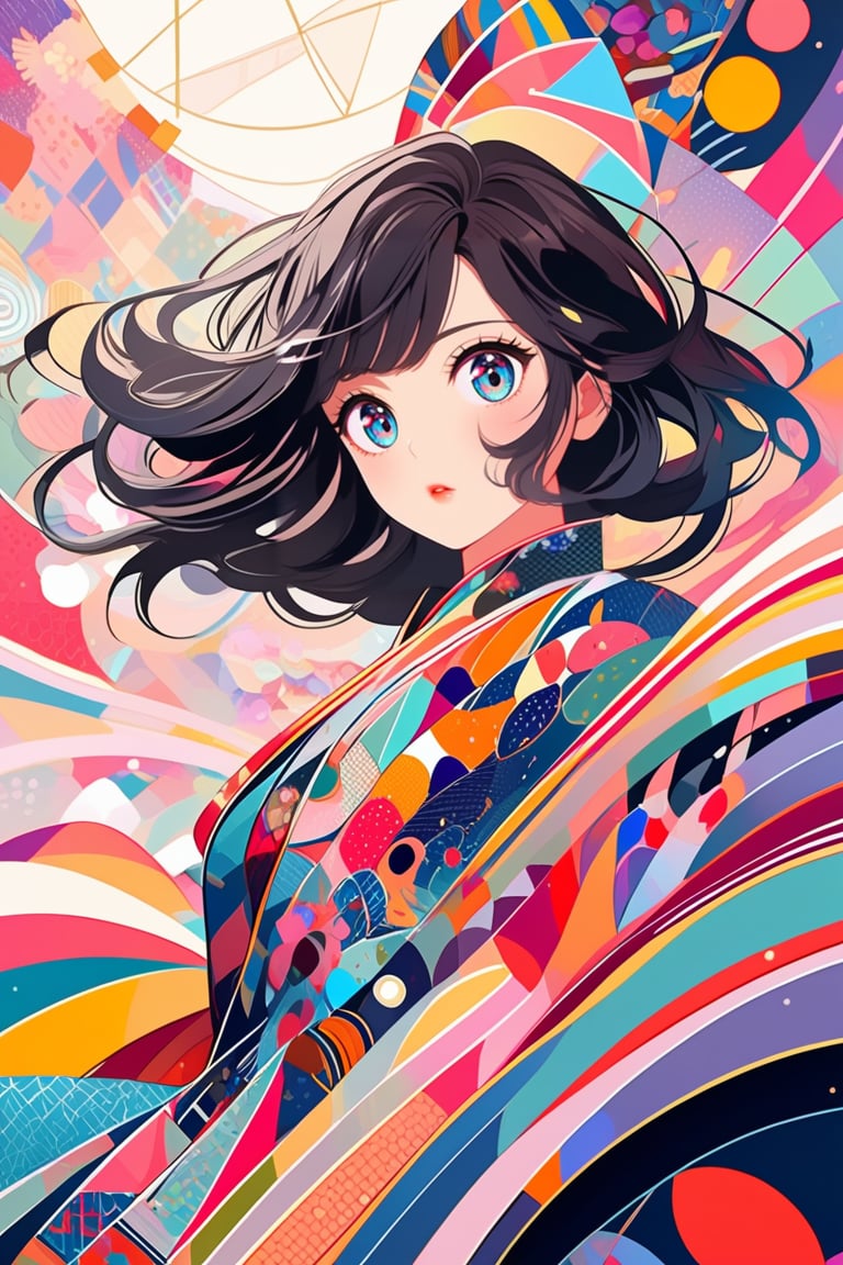 Super detailed macro detail, exquisite anime style illustration of a woman with dark hair and large hollow eyes, she is wearing a very detailed colorful dress with geometric and floral patterns. She is in a dynamic pose. The background features abstract pastel shapes and lines that give it a modern and artistic feel. Painted in a colorful Japanese style.