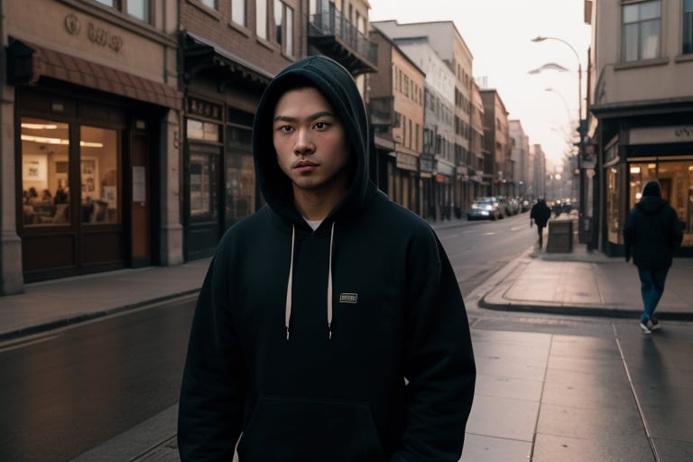 A masterpiece. Lifelike portrait of Buffy, Asian Man, wearing winter hoodies, sharp jaws, dark eyebrows, sparkling eyes, wisdom, clean cut 

walking down Street with skateboard 