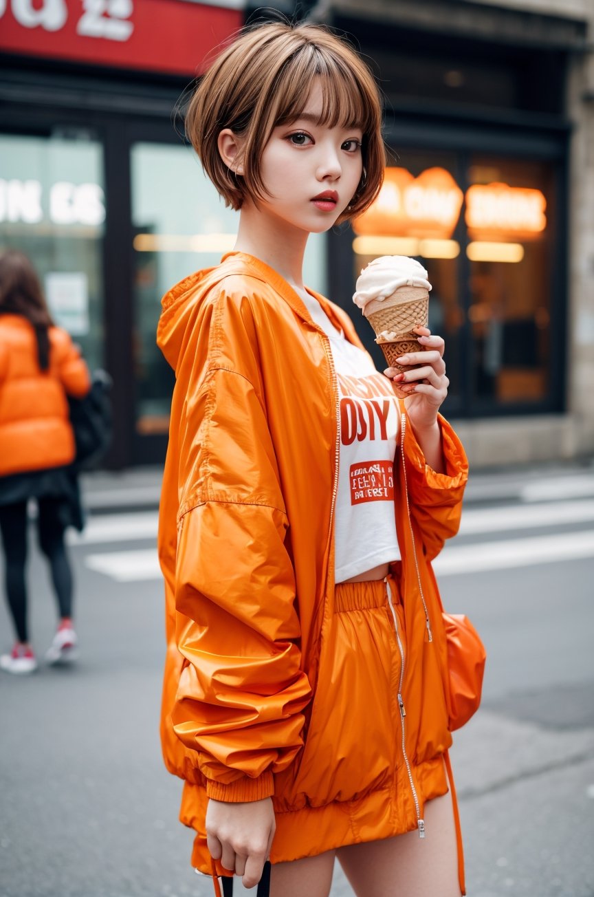 Orange jacket , girl, oversized clothes, blurry background, short ash hair, holding ice cream 