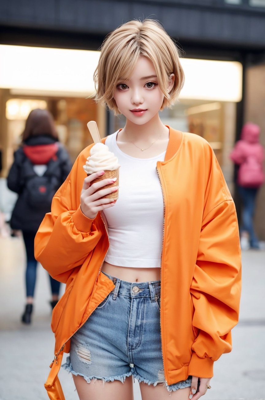 Orange jacket , girl, oversized clothes, blurry background, short ash hair, holding ice cream 