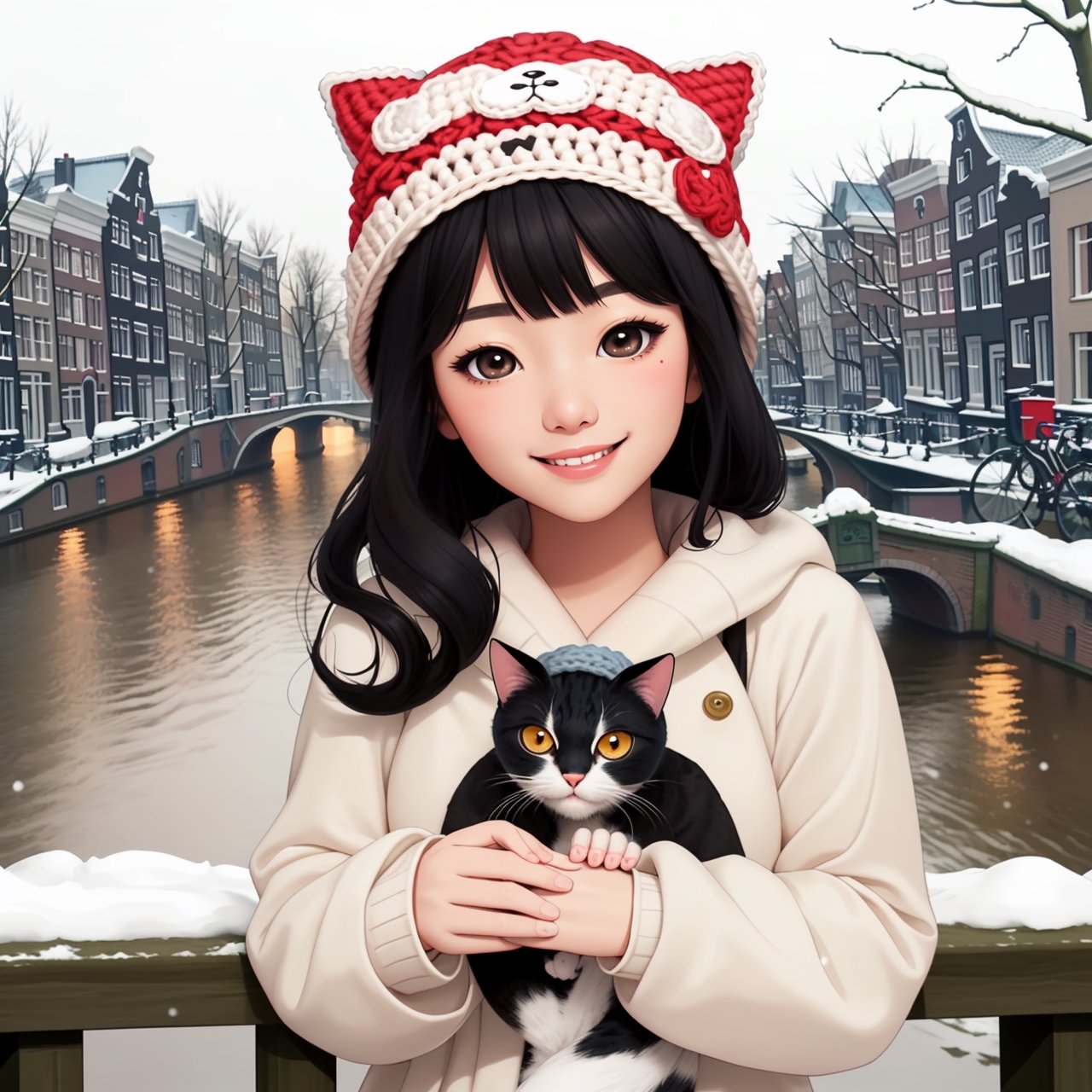 Asian girl  Snowing outdoor, wear Cat crochet hat, Smiling , Sweet, Large eyes, Wavy black Hair, Amsterdam, Oval Shape face
