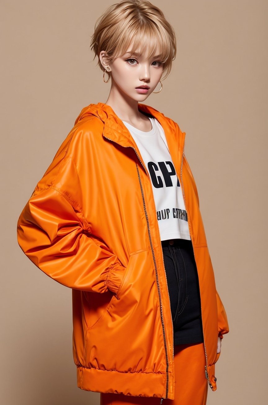 Orange jacket , girl, oversized clothes, blurry background, short ash hair, earphone 