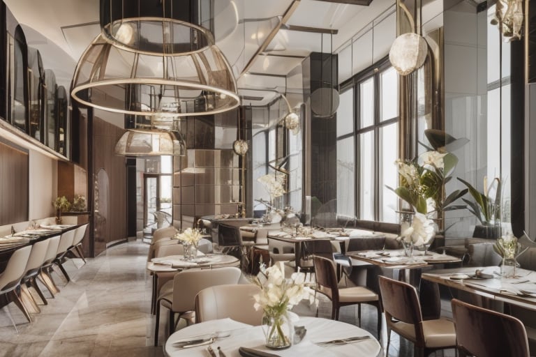 luxurious restaurant  interior,  ((masterpiece)), high quality, raw photo, ((best quality)),   ,High detailed ,walnut,interior,Interior ,housearch_nordic,design,Indoor Grey