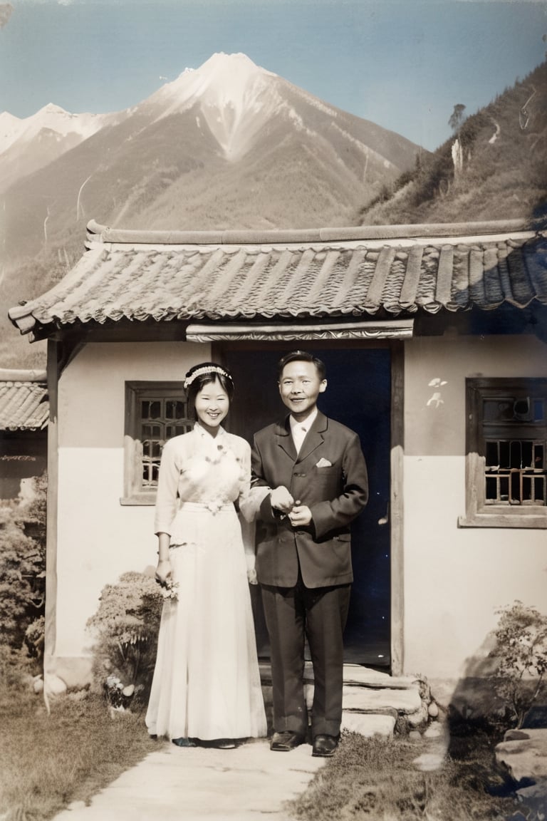 cottage with calm stream by the side, chinese style cottage, sunny, clear blue sky, light rainbow, mountains in the background, young chinese couple at the door celebrate for wedding Infront the cottage, supreme background, the father and mother beside them, 