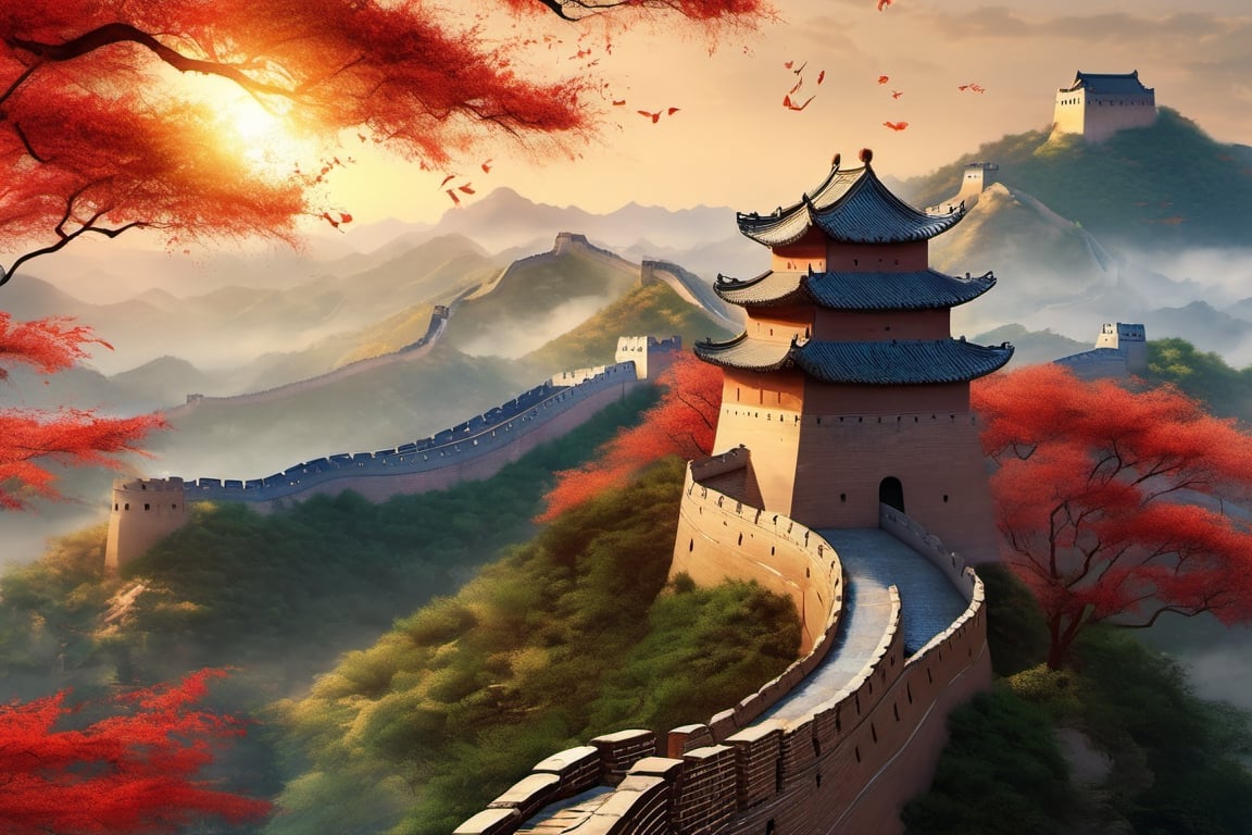 Chinese-style background picture, Chinese-style architecture, the Great Wall and other elements in it, realistic, 8K