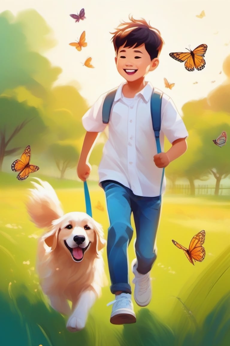 Park walking dog, green grass, golden retriever dog chasing butterflies, happy, Chinese boy wearing white shirt, jeans, white sneakers, leading the dog to run together(Cartoonish, artistic style, bright colors warm, soft lines and edges, high saturation, bright light and shadow effects, fantasy, natural environment)