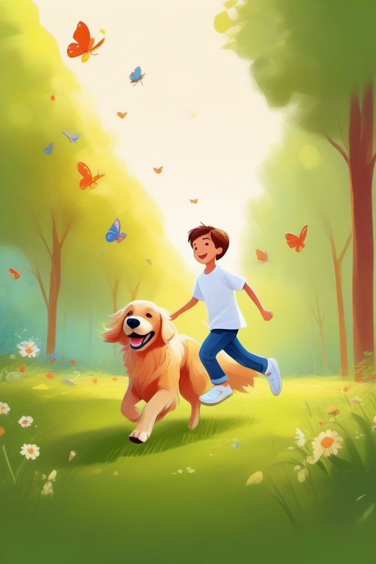 Park walking dog, green grass, golden retriever dog chasing butterflies, happy, Chinese boy wearing white shirt, jeans, white sneakers, leading the dog to run together|Cartoonish, artistic style, bright colors warm, soft lines and edges, high saturation, bright light and shadow effects, fantasy, natural environment