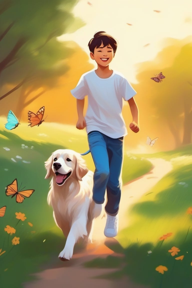 Park walking dog, green grass, golden retriever dog chasing butterflies, happy, Chinese boy wearing white shirt, jeans, white sneakers, leading the dog to run together,
Cartoonish, artistic style, bright colors warm, soft lines and edges, high saturation, bright light and shadow effects, fantasy, natural environment