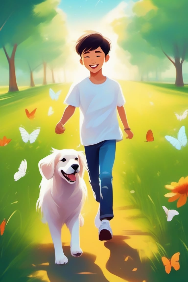 Park walking dog, green grass, golden retriever dog chasing butterflies, happy, Chinese boy wearing white shirt, jeans, white sneakers, leading the dog to run together,
Cartoonish, artistic style, bright colors warm, soft lines and edges, high saturation, bright light and shadow effects, fantasy, natural environment