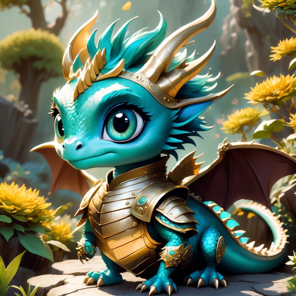 a cute dragon, with gold armor, turquoise hair, big eyes, character design by Tim burton, detailed, anime style, hd, background colorfull garden,