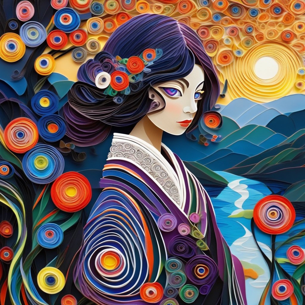 A girl, violet eyes, kimono, cleaveage, intricate swirly shirt, standing side river, flowers, tree, swirly sky, (quilled eyeballs), quilled sun, digital painting, mixed media, intricate quilling, psychedelic, meticulous, vibrant, ethereal, metaphysical, pop art, neo-expressionism, sequin, chemiluminescence, agnes lawrence pelton, sonia delaunay, wanda gág