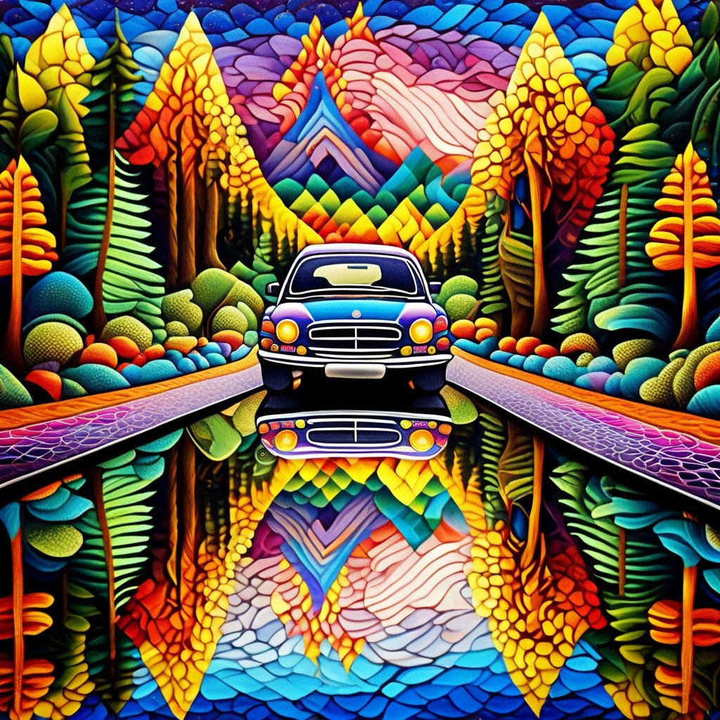 colorfull car on road, forest, landscape, surrealism, fantasy, reflection, painting, metaphysical, quilling|mosaic, Psychedelic art, (bright colors), super-detailed geometric patterns, symmetrical design, lsd effect, weird art