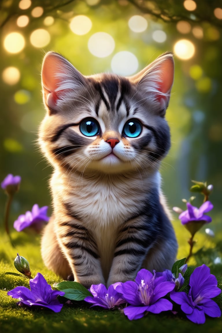 This image depicts a fantastical, whimsical cat character in a digital art style. The cat has large, expressive green eyes and intricate purple floral patterns adorning its cream-colored fur. Purple flowers and spherical decorations adorn its head, giving it a magical, fairy-tale quality. The background suggests a soft-focus forest setting with golden bokeh effects. The overall color palette centers on purples and creams with touches of green.

The artwork showcases exceptional detail and a dreamlike, enchanted atmosphere. It blends realistic textures with imaginative design elements to create a captivating fantasy creature. The style is reminiscent of high-quality digital illustrations found in children's books or animated films.