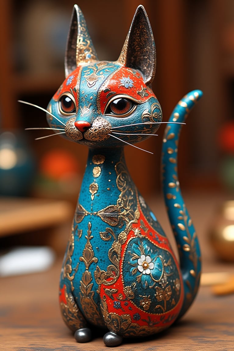 cat fairy, red Kintsugi, blue Kintsugi pattern, metallic, sculptural, intricate design, dots and leafy motifs, antique, Indian art, handmade, Toy Story style, whimsical, fantasy, shiny, detailed, contrasting colors.