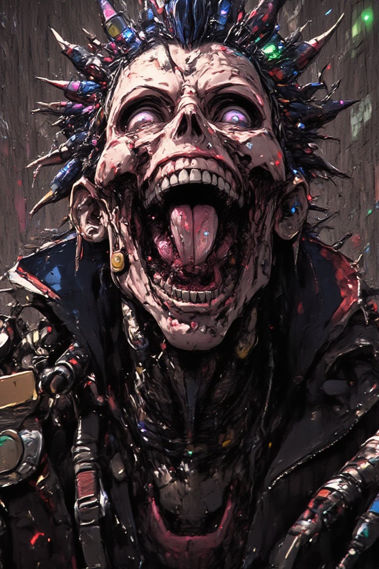 menacing punk-rock cyborg, grotesque surreal appearance, skull-like head, multiple large eyes, various colors, veins, mechanical enhancements, stretched skin, textured, metallic elements, piercings, spiked mohawk, colorful spikes, wide open mouth, sharp metallic teeth, multi-colored tongue, mechanical components, leather jacket, spikes, chains, patches, padlocks, keys, urban environment, grungy, graffiti-covered walls, flickering neon lights, dystopian future, shadows, dramatic lighting, depth, chaos, rebellion, otherworldly horror.